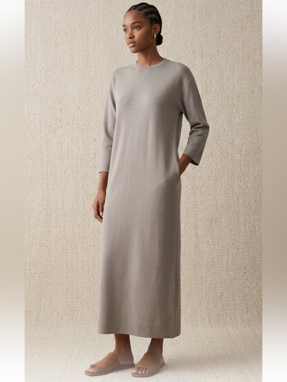 ZARA Gray Taupe Oversized Interlock Knit T-Shirt Midi  Minimalist Dress  Small